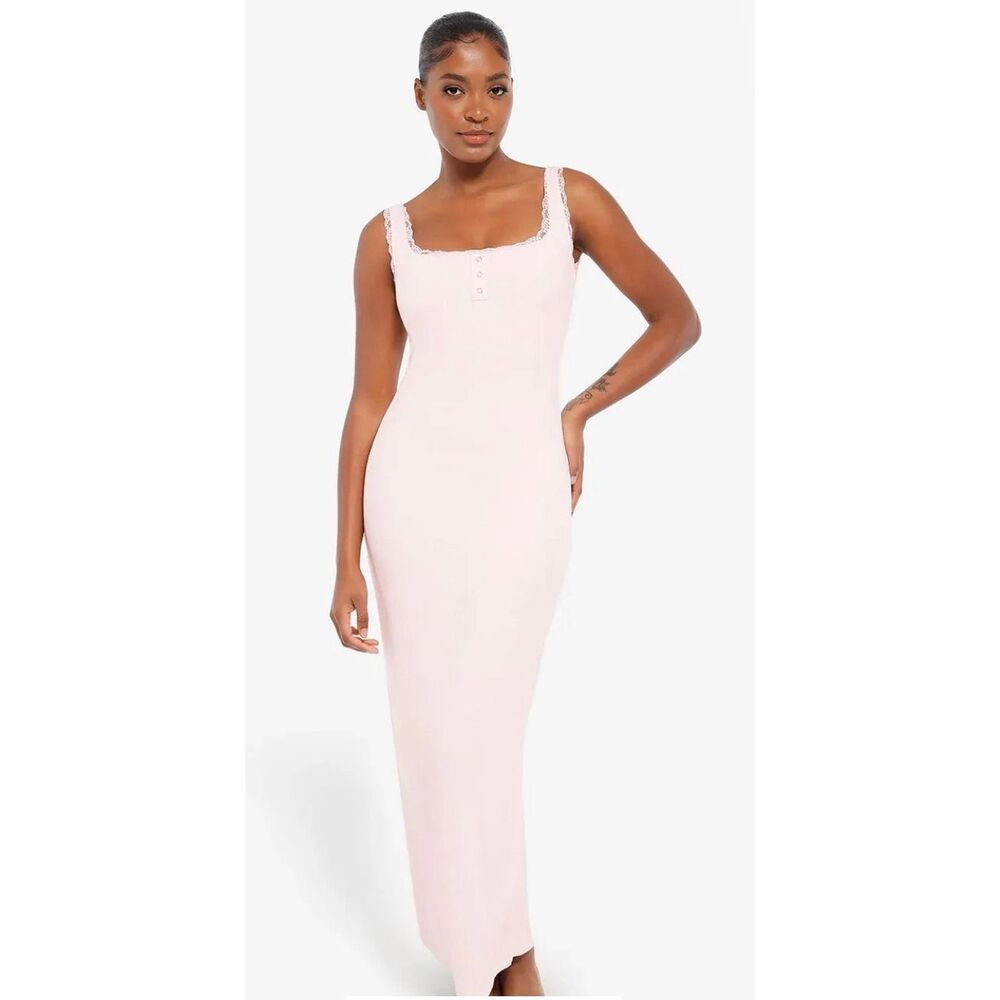 Popilush Shapewear Modal Slimming Lace Trim Henley Tank Maxi Dress Size L
